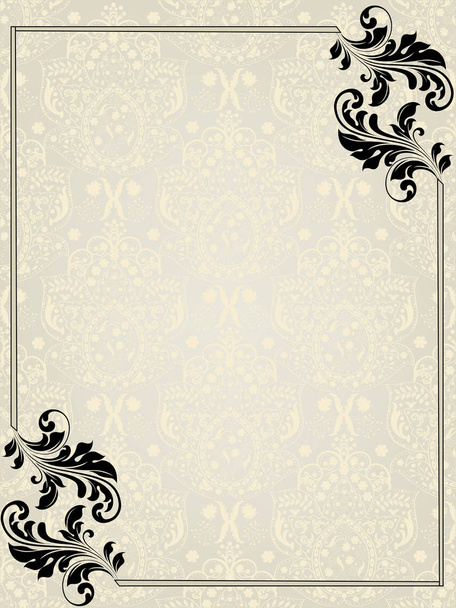 Tarjeta de invitación vintage con un elegante diseño floral abstracto adornado, negro sobre plata y amarillo pálido con borde. Ilustración vectorial
. - Vector, Imagen