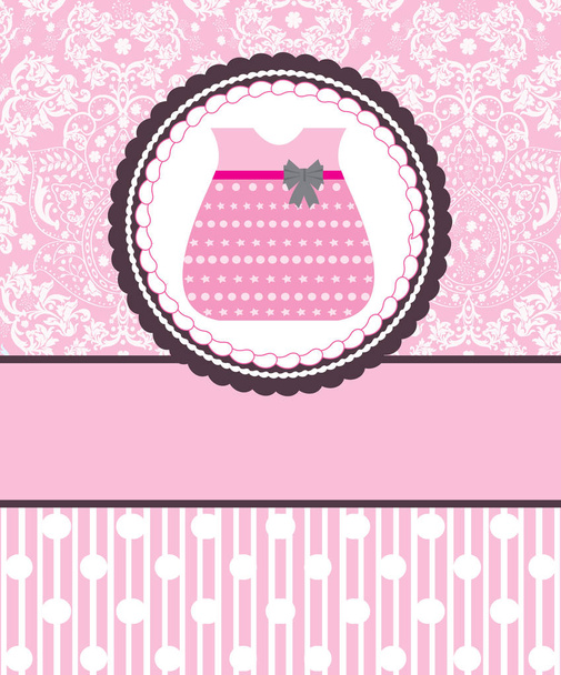 Vintage baby shower invitation card with ornate elegant retro abstract floral design, pink with baby dress on cake. Vector illustration. - Vektor, Bild