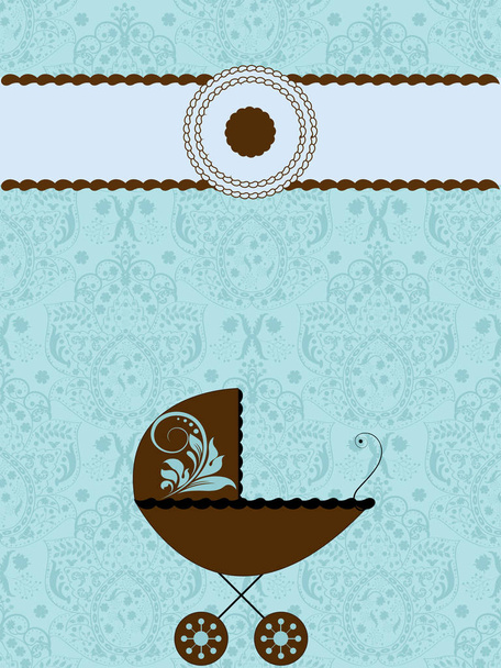 Carte d'invitation de douche de bébé vintage avec motif floral abstrait élégant orné, bleu bébé avec landau marron. Illustration vectorielle
. - Vecteur, image