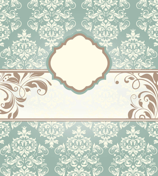 Vintage invitation card with ornate elegant abstract floral design, light brown and white flowers on teal blue background with ribbon. Vector illustration. - Vektor, obrázek