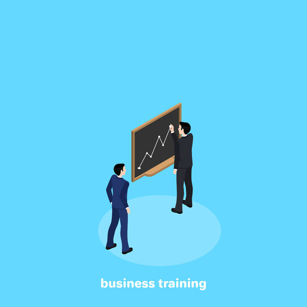 a man in a business suit draws on the blackboard a graph, business training, isometric image - Vector, Image