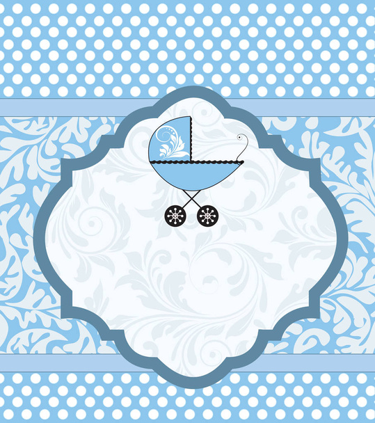 Vintage Baby Shower Einladungskarte mit kunstvollen eleganten Retro abstrakten Blumenmustern, blau mit weißen Tupfen und Kinderwagen. Vektorillustration. - Vektor, Bild