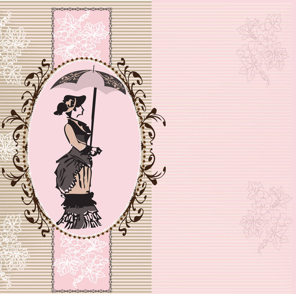 Vintage Einladungskarte mit kunstvollen eleganten abstrakten floralen Mustern, Frau mit Regenschirm und Trauben auf grauen und rosa Streifen. Vektorillustration. - Vektor, Bild