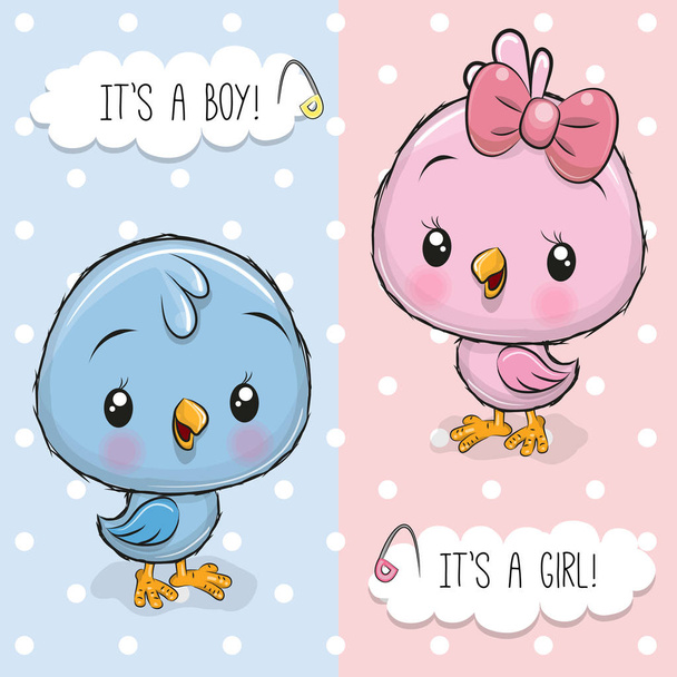 Baby Shower cartão de saudação com bonito Birds menino e menina
 - Vetor, Imagem
