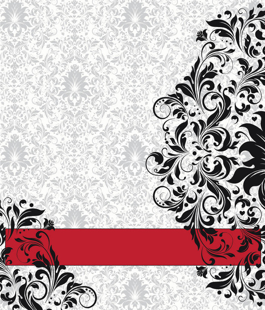 Vintage invitation card with ornate elegant abstract floral design, black flowers on gray and white background with red ribbon. Vector illustration. - Vecteur, image