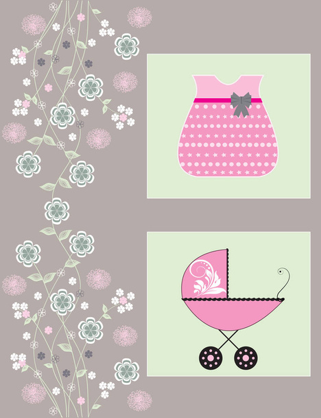 Vintage Baby Shower Einladungskarte mit kunstvollen eleganten Retro abstrakten floralen Mustern, rosa weißen und grünen Blumen auf grau mit Kinderwagen und Kleid. Vektorillustration. - Vektor, Bild