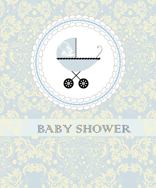 Vintage Baby Shower Einladungskarte mit kunstvollen eleganten abstrakten floralen Mustern, blassgelb auf blassblau mit Kinderwagen auf Kuchen. Vektorillustration. - Vektor, Bild