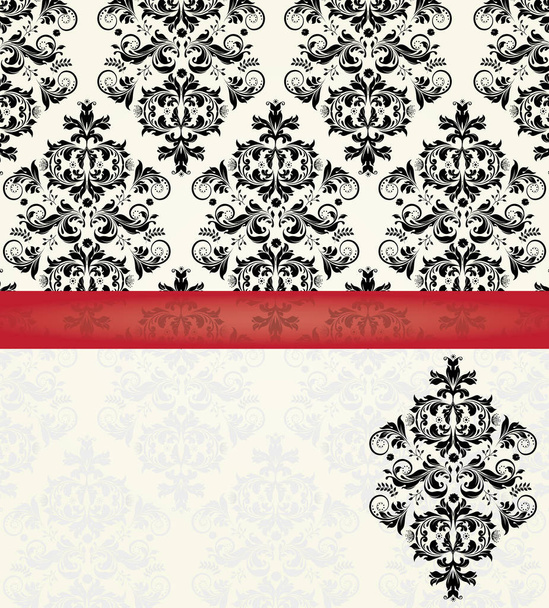 Carte d'invitation vintage ornée d'un élégant motif floral abstrait, noire sur jaune pâle avec ruban rouge. Illustration vectorielle
 - Vecteur, image