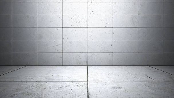 Pusty pokój ściany wykonane z płyt betonowych i gładka Posadzka betonowa, 3d ilustracja - Zdjęcie, obraz