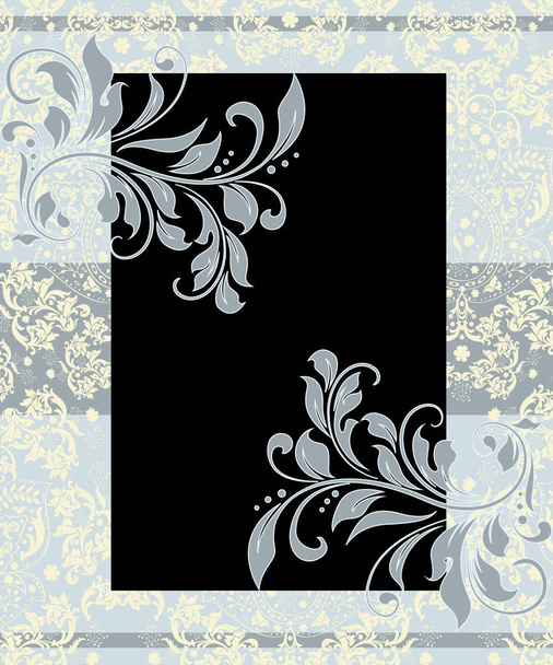 Vintage invitation card with ornate elegant abstract floral design, gray and black on pale yellow and blue. Vector illustration. - Vector, Image