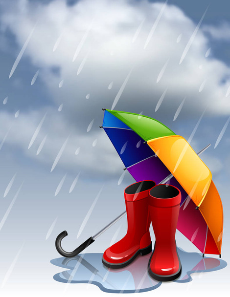 Autumn background with rainbow umbrella and red gumboots - Вектор, зображення