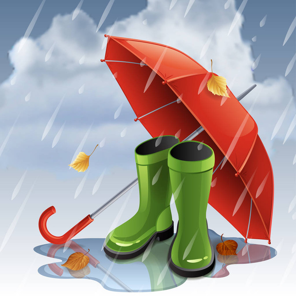 Autumn background with red umbrella and green gumboots. - Wektor, obraz