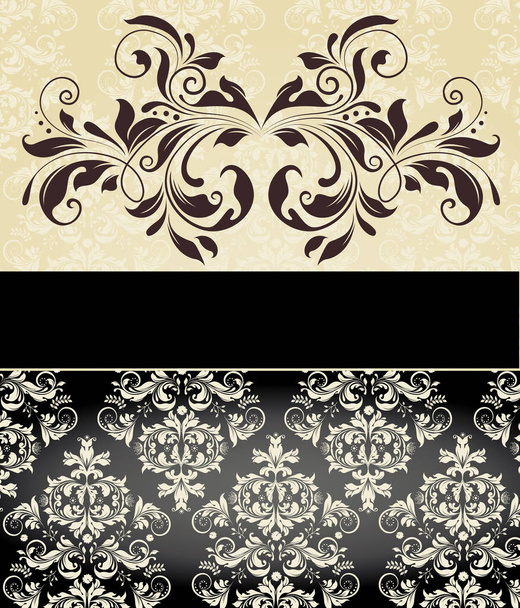 Vintage invitation card with ornate elegant abstract floral design, brown on pale yellow and black. Vector illustration. - Vecteur, image