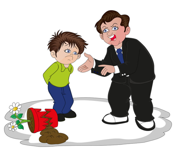 Vector illustration of businessman scolding his son for breaking the flower pot. - Vector, Image