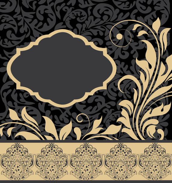 Vintage invitation card with ornate elegant abstract floral design, gold on gray and black. Vector illustration. - Vector, Image