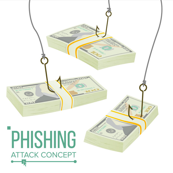 Phishing pieniądze koncepcja wektor. Ochrona przed kradzieżą oszustwa. Wycieku informacji. Kryzys gospodarczy. Ilustracja kreskówka - Wektor, obraz