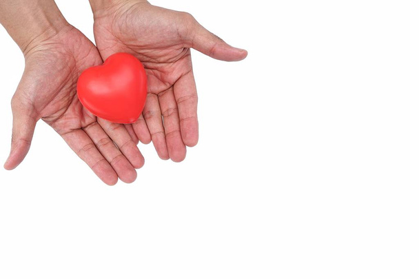 Homme main tenant coeur rouge, concept d'amour et de soins de santé, assurance famille.Journée mondiale du cœur, Journée mondiale de la santé.Saint-Valentin.
. - Photo, image
