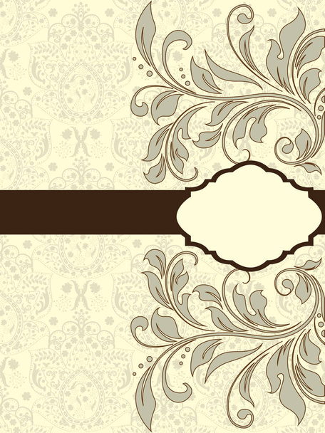 Cartão de convite vintage com design floral abstrato elegante ornamentado, marrom e cinza em amarelo pálido com fita. Ilustração vetorial
. - Vetor, Imagem