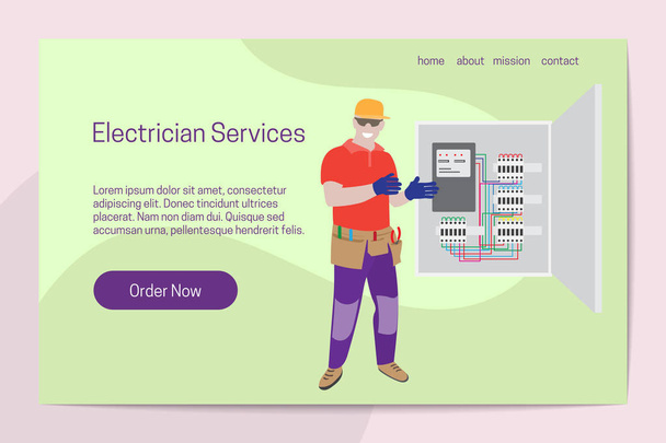Het huisverbetering elektricien services-concept. Man professionele elektricien werkt met elektrische paneel. Landing paginasjabloon. - Vector, afbeelding
