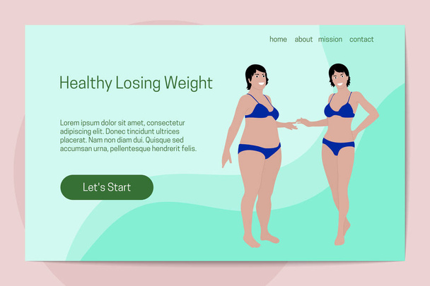 Sağlıklı kilo kaybetme kavramı. İki kadın iç çamaşırı farklı boyutlarda. Önce ve sonra. Açılış sayfası şablonu. - Vektör, Görsel