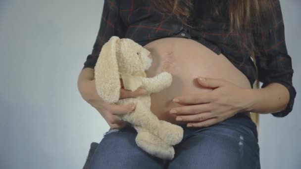 Mulher grávida brincando com um brinquedo de pelúcia coelho posando
 - Filmagem, Vídeo