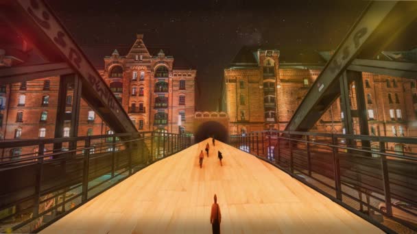 Gente cruzando un puente por la noche con edificios antiguos en el fondo
 - Metraje, vídeo