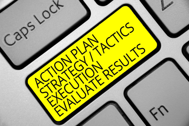 Text sign showing Action Plan Strategy Tactics Execution Evaluate Results. Conceptual photo Management Feedback Keyboard yellow key Intention create computer computing reflection document - Photo, Image