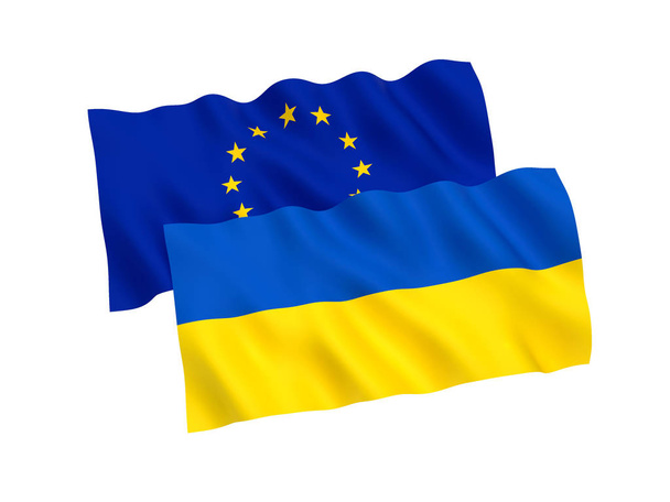 Banderas de Ucrania y la Unión Europea sobre un fondo blanco
 - Foto, Imagen