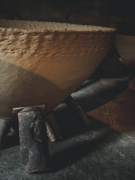 part of big clay cistern for producing wine in workshop in georgia - Fotoğraf, Görsel
