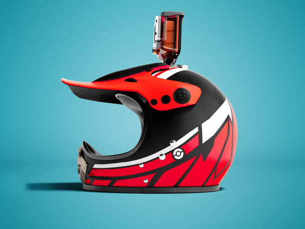 Moderno casco moto rosso con fotocamera rossa azione sinistra 3d rendering su sfondo blu con ombra
 - Foto, immagini