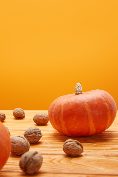 fresh ripe pumpkins and walnuts on wooden surface on orange background  - Photo, image
