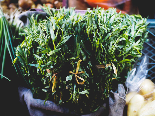 zöld gyógynövények grúz piacon felülnézet - Fotó, kép