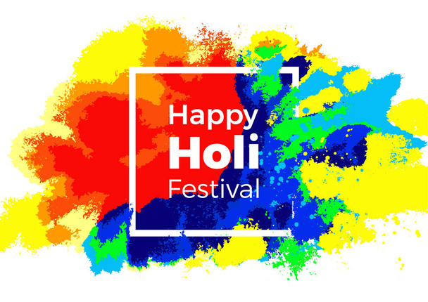 Trendy vector color template Happy Holi holiday art draw invitation with frame, paint cloud and sample text Colorful abstract illustration powder explosion on white background Indian spring festiva - Vector, Image