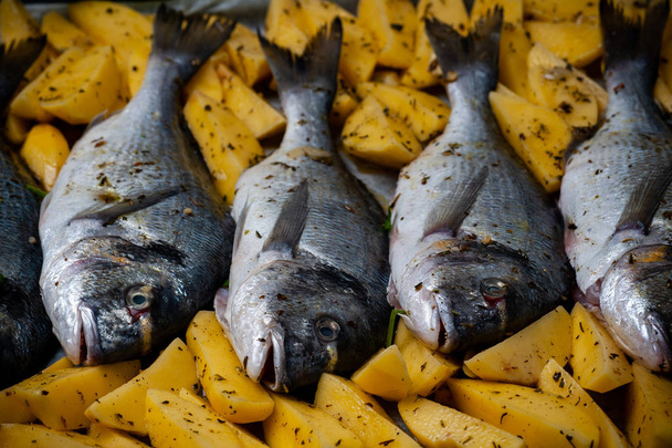 Fish Sparus aurata para hornear con patatas y verdor sobre fondo negro
 - Foto, Imagen