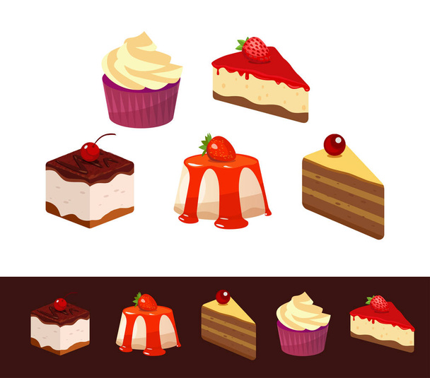 Dessert auf weißem und dunklem Hintergrund. Illustrationen von leckeren Gerichten, Kuchenstücken und Cupcake für die Dekoration von Cafés und Restaurants - Vektor, Bild