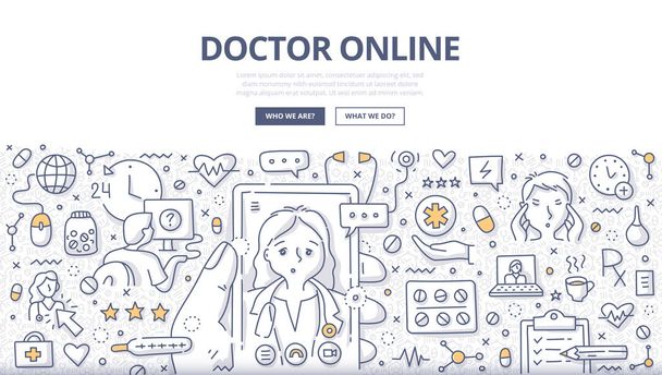 Doodle vector illustration of a man using mobile phone to chat with a doctor online. Concept of online medical consultation for web banners, hero images, printed materials - Vector, Image