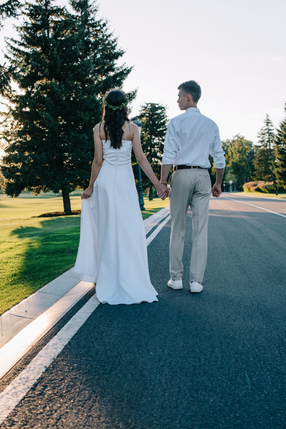back view of young wedding couple holding hands and walking on walkway in park  - Foto, afbeelding