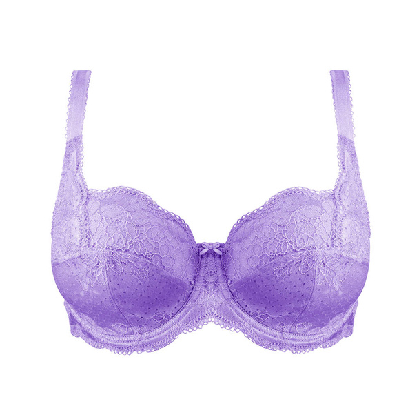 Light purple silk sexy push up brassiere isolated on white background. Women's expensive elegant underwear garment - Photo, Image