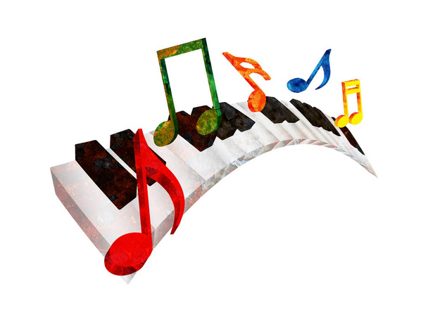 Tastiera per pianoforte con tasti ondulati in bianco e nero e note musicali colorate in grunge 3D isolato su sfondo bianco Illustrazione
 - Foto, immagini