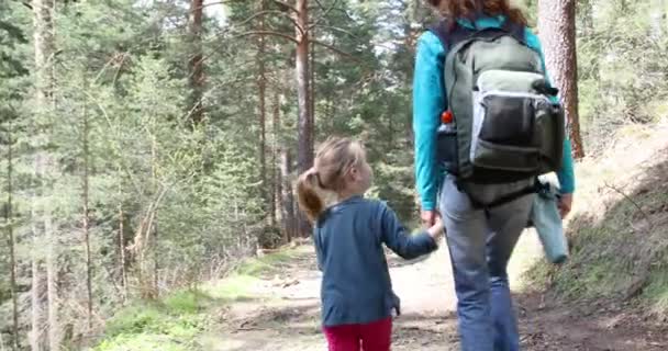 4k video. Yaş dört yıl yürüyüş veya kırsal Guadarrama Dağları, Madrid, İspanya, Europe yakınındaki ormanda yürüyüş sarışın kız, kadın ve kızı, - Video, Çekim
