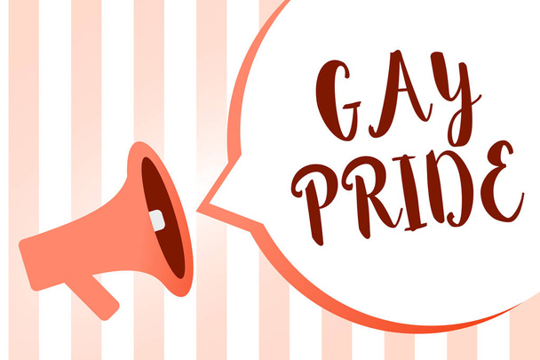 Word writing text Gay Pride. Business concept for Dignity of an idividual that belongs to either a man or woman Megaphone loudspeaker orange stripes important loud message speech bubble - Photo, Image