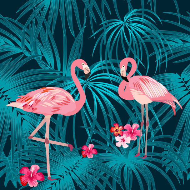 Tropikal bitki seamless modeli, pembe flamingo ve tropikal palmiye ağacının yaprakları. Vektör arka plan. - Vektör, Görsel