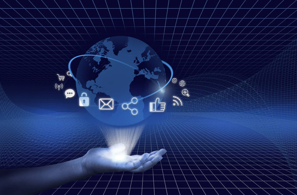 the digital world in god 's hand, blue background
 - Фото, изображение