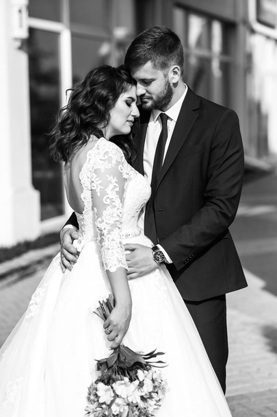 Beautiful Bride and Groom enjoy each other. happy romantic young couple celebrating their marriage. Sexy kissing stylish couple of lovers close up portrait. wedding concept. - Φωτογραφία, εικόνα