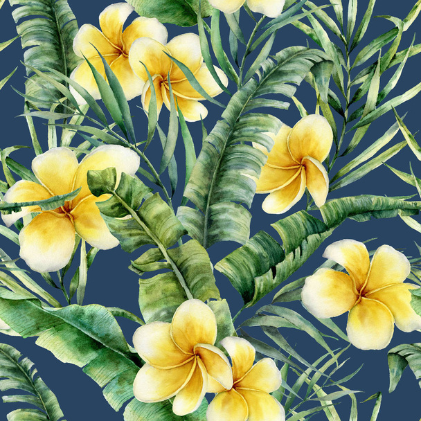 Watercolor seamless pattern with banana leaves and plumeria. Hand painted greenery tropical palm brunch and frangipani on dark blue background. Botanical illustration for design, print or background. - Photo, Image