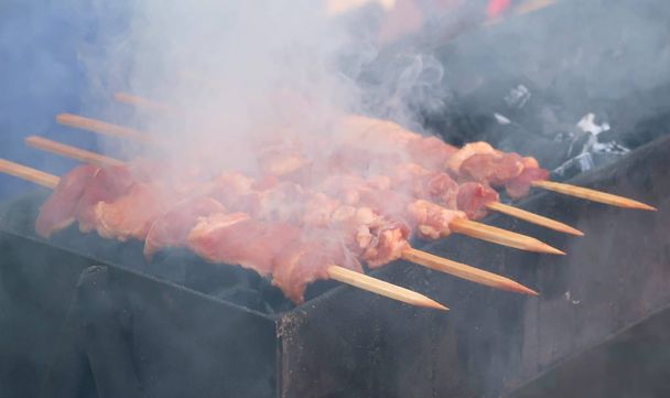 Marinated shashlik preparing on a barbecue grill over charcoal. - Photo, Image
