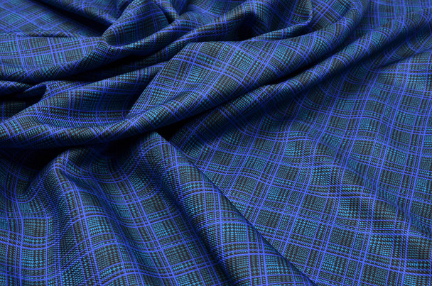 Tessuto di seta, raso, gabbia nero-turchese-blu
 - Foto, immagini
