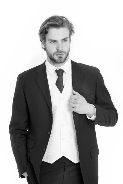 Businessman or ceo in black jacket. Man in formal outfit isolated on white. Business and success. Manager with beard on serious face. Fashion and beauty - Foto, Imagen