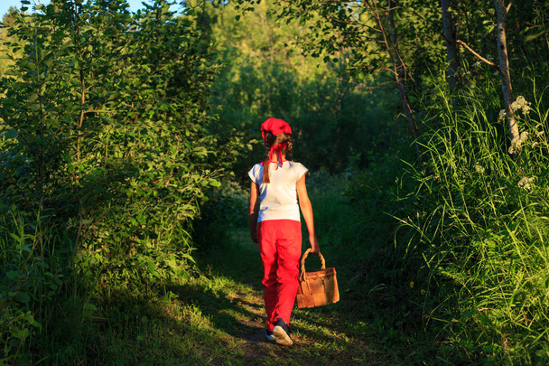 Chica joven caminando en un camino a través de bosques verdes que llevan una cesta
 - Foto, imagen