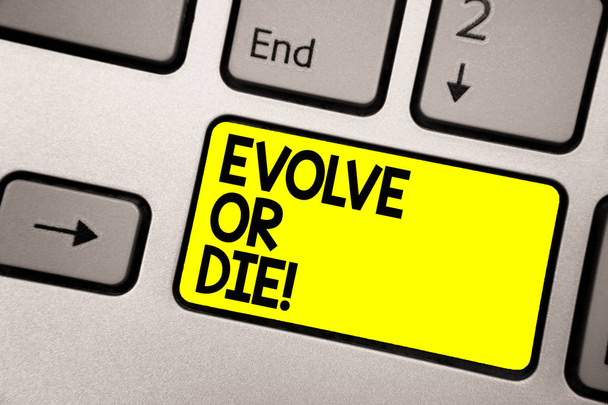 Текст слова "Эволюция или смерть". Бизнес-концепция необходимости изменения растут адаптироваться к продолжению жизни Выживание Клавиатура желтая клавиша Намерение создать компьютерные вычислительные отражения документ
 - Фото, изображение